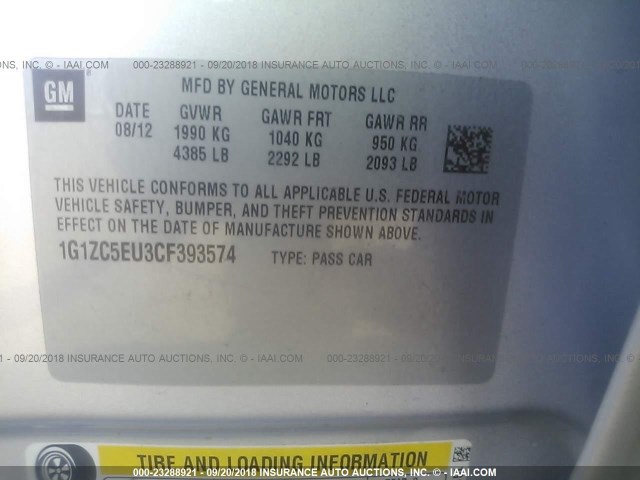 1G1ZC5EU3CF393574 - 2012 CHEVROLET MALIBU 1LT SILVER photo 9