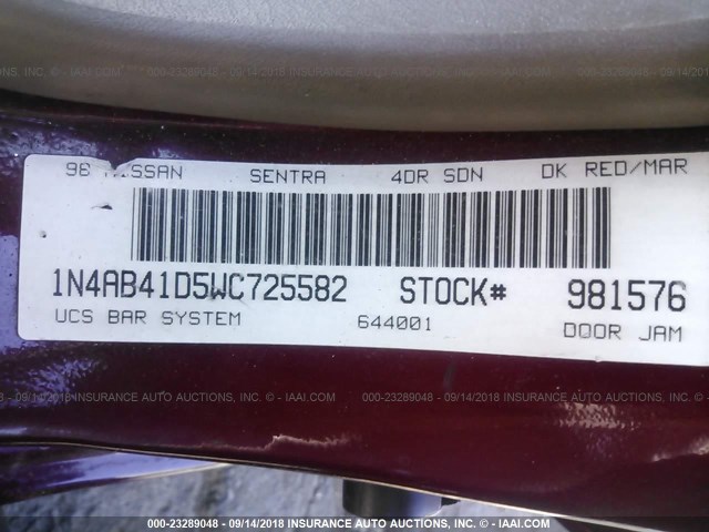 1N4AB41D5WC725582 - 1998 NISSAN SENTRA E/XE/GXE/GLE MAROON photo 9