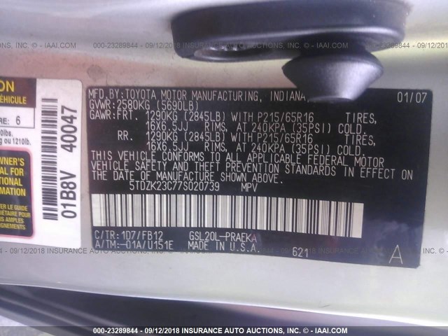 5TDZK23C77S020739 - 2007 TOYOTA SIENNA CE/LE SILVER photo 9