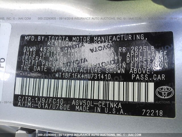 4T1BF1FK4HU731410 - 2017 TOYOTA CAMRY LE/XLE/SE/XSE ვერცხლისფერი ფოტო 9