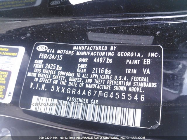 5XXGR4A67FG455546 - 2015 KIA OPTIMA SX BLACK photo 9