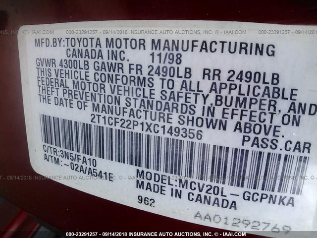 2T1CF22P1XC149356 - 1999 TOYOTA CAMRY SOLARA SE/SLE Qırmızı foto 9