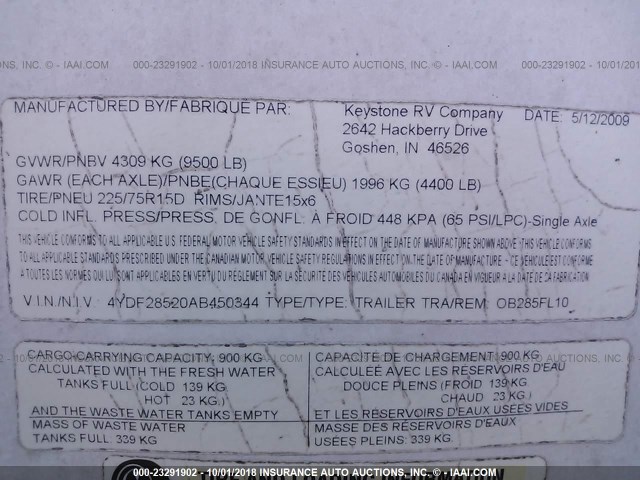 4YDF28520AB450344 - 2010 KEYSTONE OUTBACK WHITE photo 9