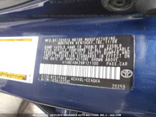 4T4BE46K29R121100 - 2009 TOYOTA CAMRY SE/LE/XLE BLUE photo 9