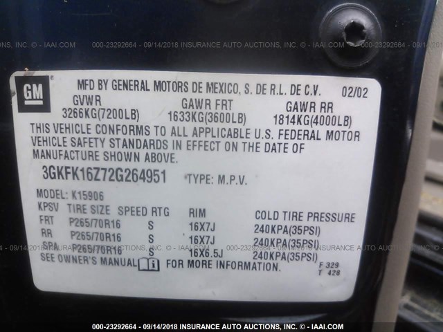 3GKFK16Z72G264951 - 2002 GMC YUKON XL K1500 BLUE photo 9