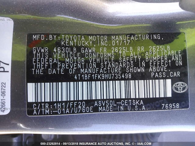 4T1BF1FK9HU735498 - 2017 TOYOTA CAMRY LE/XLE/SE/XSE GRAY photo 9