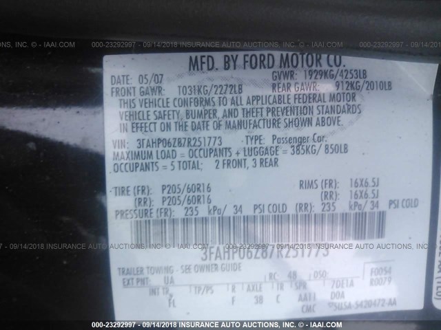 3FAHP06Z87R251773 - 2007 FORD FUSION S BLACK photo 9