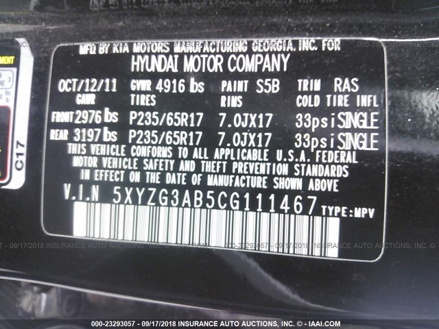 5XYZG3AB5CG111467 - 2012 HYUNDAI SANTA FE GLS BLACK photo 9