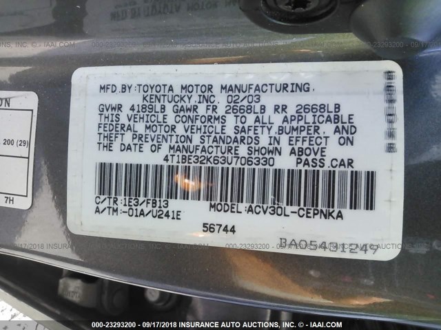 4T1BE32K63U706330 - 2003 TOYOTA CAMRY LE/XLE/SE GRAY photo 9