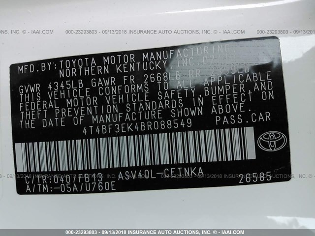 4T4BF3EK4BR088549 - 2011 TOYOTA CAMRY SE/LE/XLE WHITE photo 9