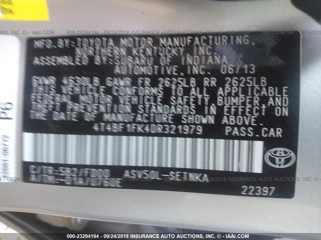 4T4BF1FK4DR321979 - 2013 TOYOTA CAMRY L/SE/LE/XLE BEIGE photo 9