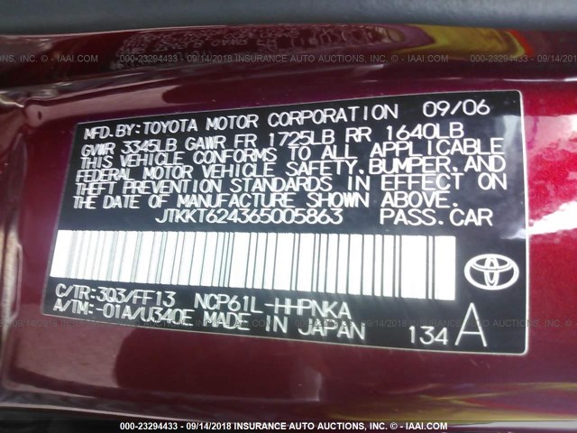 JTKKT624365005863 - 2006 TOYOTA SCION XA BURGUNDY photo 9