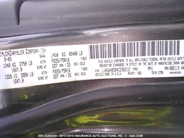 1J4GW48S84C236212 - 2004 JEEP GRAND CHEROKEE LAREDO/COLUMBIA/FREEDOM 灰色 照片 9