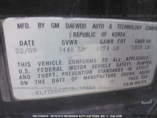 KL1TD66E69B657823 - 2009 CHEVROLET AVEO LS/LT BLACK photo 9