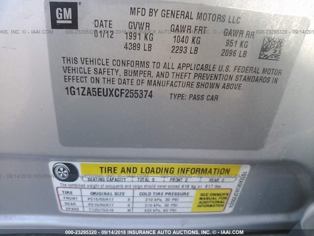 1G1ZA5EUXCF255374 - 2012 CHEVROLET MALIBU LS 银色 照片 9