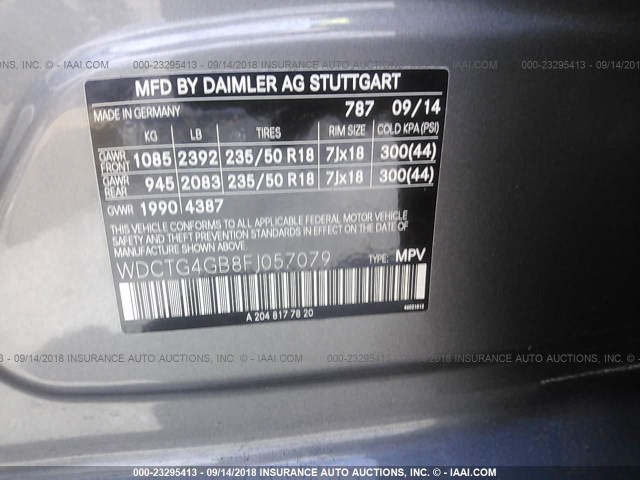 WDCTG4GB8FJ057079 - 2015 MERCEDES-BENZ GLA 250 4MATIC GRAY photo 9