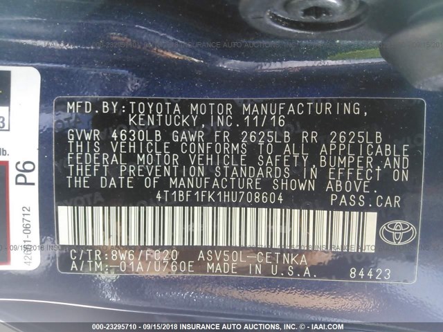 4T1BF1FK1HU708604 - 2017 TOYOTA CAMRY LE/XLE/SE/XSE Dark Blue photo 9