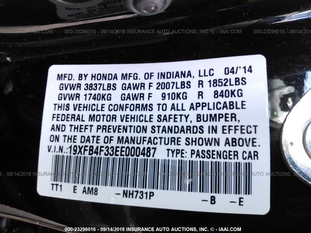 19XFB4F33EE000487 - 2014 HONDA CIVIC HYBRID L BLACK photo 9