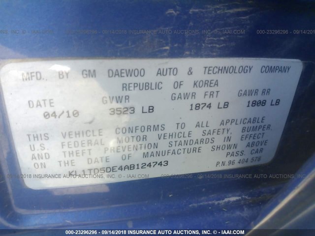 KL1TD5DE4AB124743 - 2010 CHEVROLET AVEO LS/LT BLUE photo 9