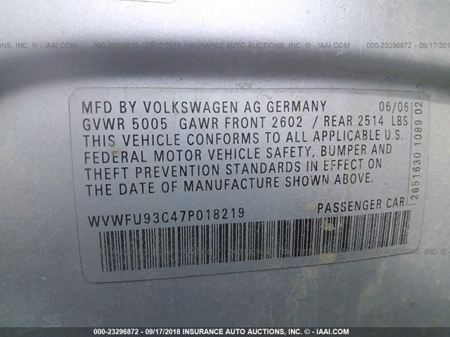 WVWFU93C47P018219 - 2007 VOLKSWAGEN PASSAT 3.6L 4MOTION LUXURY SILVER photo 9