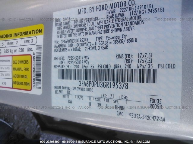 3FA6P0PU3GR195378 - 2016 FORD FUSION SE PHEV SILVER photo 9