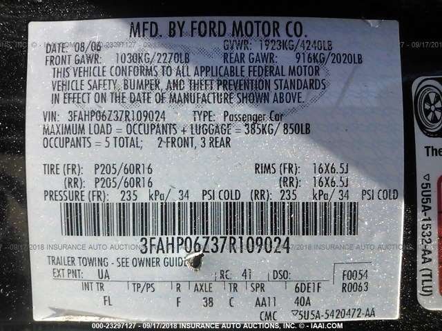 3FAHP06Z37R109024 - 2007 FORD FUSION S BLACK photo 9