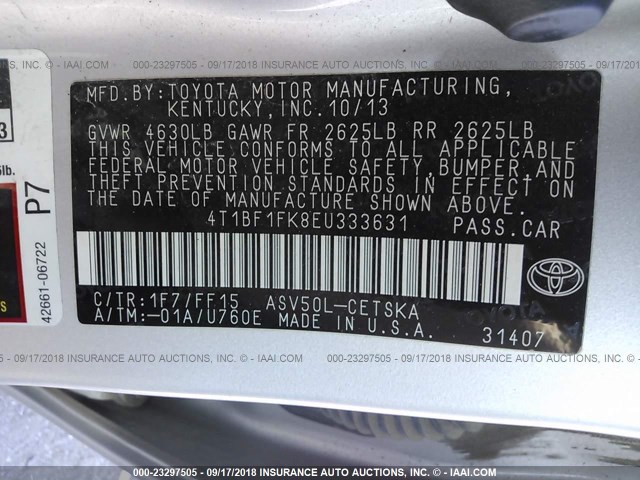 4T1BF1FK8EU333631 - 2014 TOYOTA CAMRY L/SE/LE/XLE Gümüş foto 9