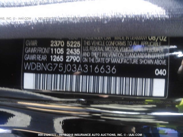 WDBNG75J03A316636 - 2003 MERCEDES-BENZ S 500 BLACK photo 9