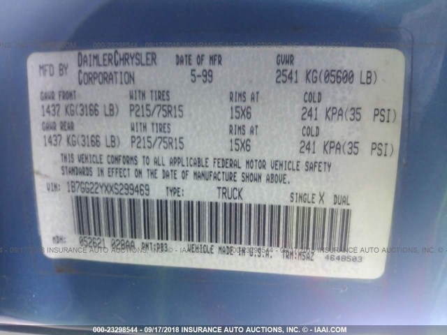 1B7GG22YXXS299469 - 1999 DODGE DAKOTA BLUE photo 9