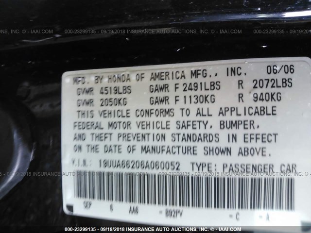 19UUA66206A060052 - 2006 ACURA 3.2TL BLACK photo 9