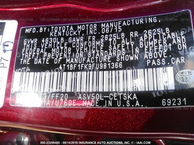 4T1BF1FK9FU981366 - 2015 TOYOTA CAMRY LE/XLE/SE/XSE RED photo 9