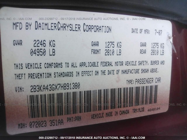 2B3KA43GX7H891380 - 2007 DODGE CHARGER SE/SXT MAROON photo 9