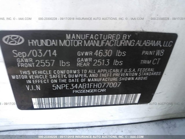 5NPE34AB1FH077007 - 2015 HYUNDAI SONATA SPORT/LIMITED WHITE photo 9