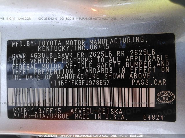 4T1BF1FK5FU978657 - 2015 TOYOTA CAMRY LE/XLE/SE/XSE SILVER photo 9