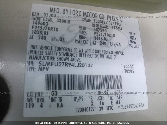 5LMFU27R94LJ20147 - 2004 LINCOLN NAVIGATOR 金色 照片 9