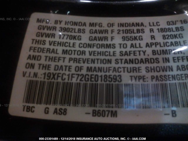 19XFC1F72GE018593 - 2016 HONDA CIVIC EXL BLACK photo 9