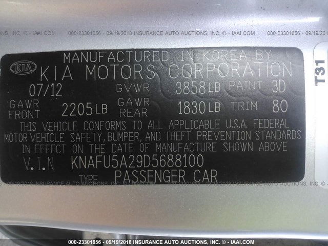 KNAFU5A29D5688100 - 2013 KIA FORTE EX SILVER photo 9