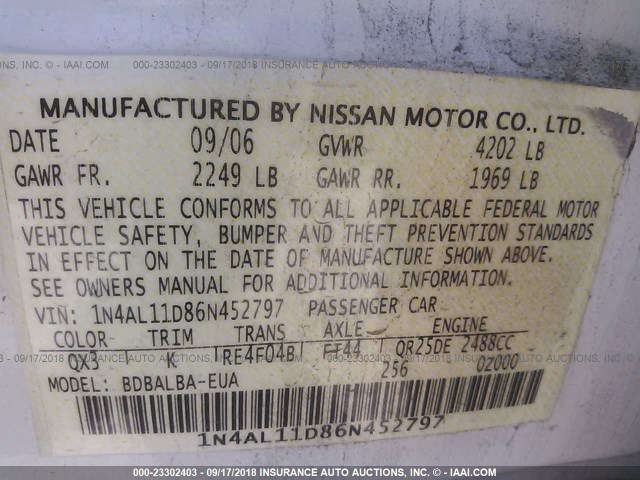 1N4AL11D86N452797 - 2006 NISSAN ALTIMA S/SL WHITE photo 9