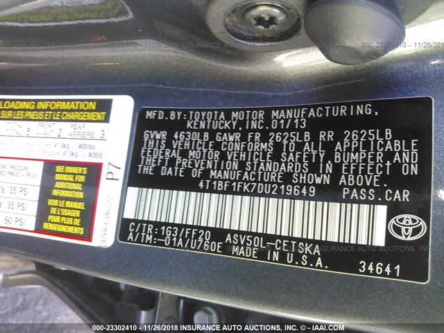 4T1BF1FK7DU219649 - 2013 TOYOTA CAMRY L/SE/LE/XLE ნაცრისფერი ფოტო 9