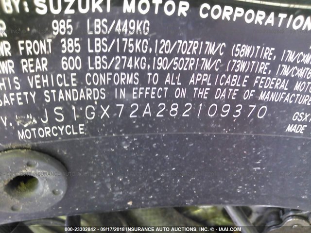 JS1GX72A282109370 - 2008 SUZUKI GSX1300 R GRAY photo 10