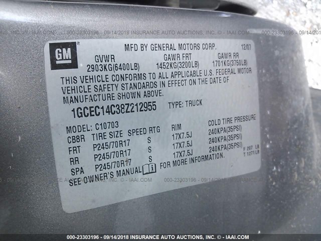 1GCEC14C38Z212955 - 2008 CHEVROLET SILVERADO C1500 GRAY photo 9