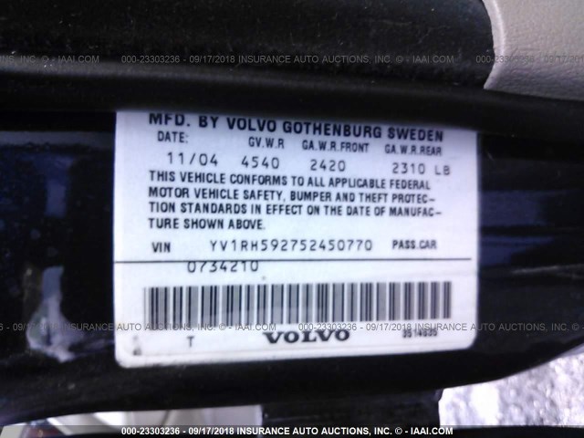 YV1RH592752450770 - 2005 VOLVO S60 2.5T BLACK photo 9