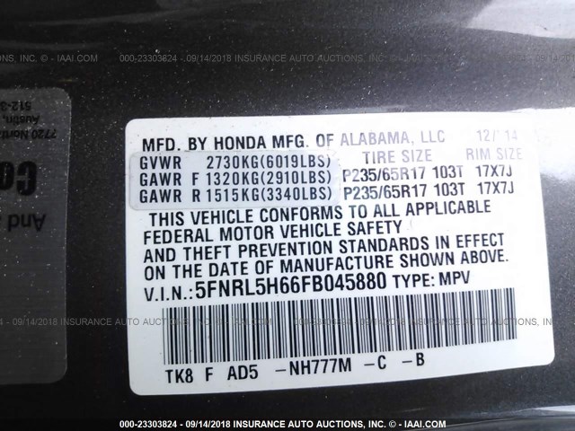 5FNRL5H66FB045880 - 2015 HONDA ODYSSEY EXL GRAY photo 9