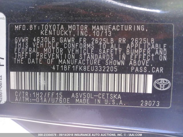 4T1BF1FK8EU332205 - 2014 TOYOTA CAMRY L/SE/LE/XLE 黑色 照片 9