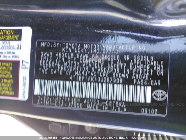 4T1BF1FK4DU287908 - 2013 TOYOTA CAMRY L/SE/LE/XLE მუქი ლურჯი ფოტო 9