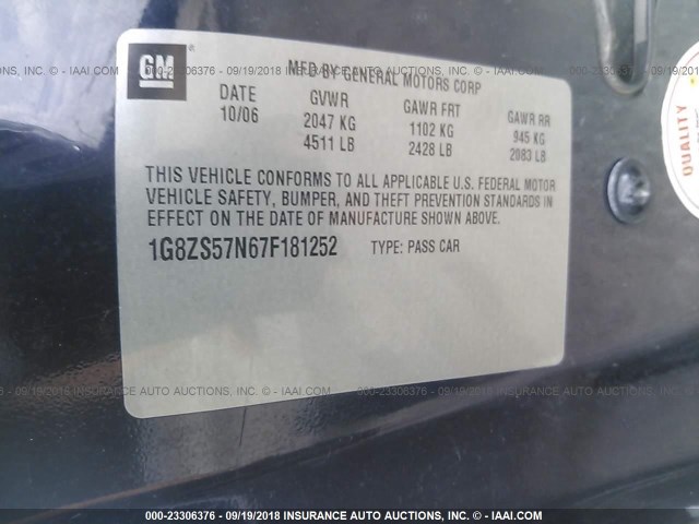 1G8ZS57N67F181252 - 2007 SATURN AURA XE BLACK photo 9