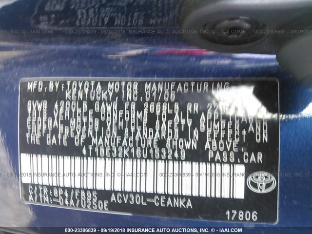 4T1BE32K16U153249 - 2006 TOYOTA CAMRY LE/XLE/SE BLUE photo 9