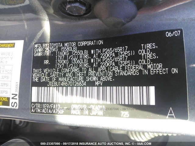 JTEBU14R670126834 - 2007 TOYOTA 4RUNNER SR5/SPORT GRAY photo 9