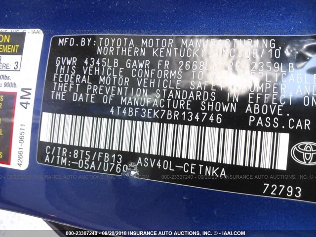 4T4BF3EK7BR134746 - 2011 TOYOTA CAMRY SE/LE/XLE BLUE photo 9