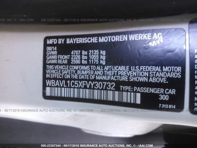 WBAVL1C5XFVY30732 - 2015 BMW X1 XDRIVE28I WHITE photo 9